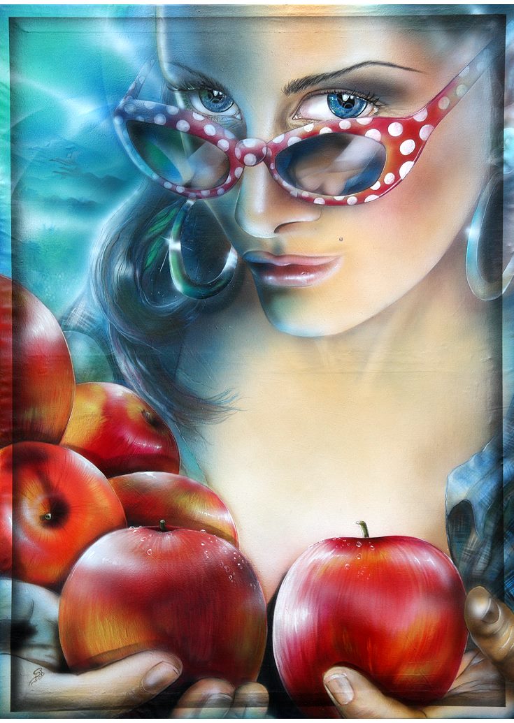 want to shake your tree, gemälde, gemaelde, frauenbild, frauenbilder, äpfel, aepfel, apples, apple, brille, brillen, glasses, spiegelbild, spiegel, mirror, erotic art, erotische kunst von Christine Dumbsky